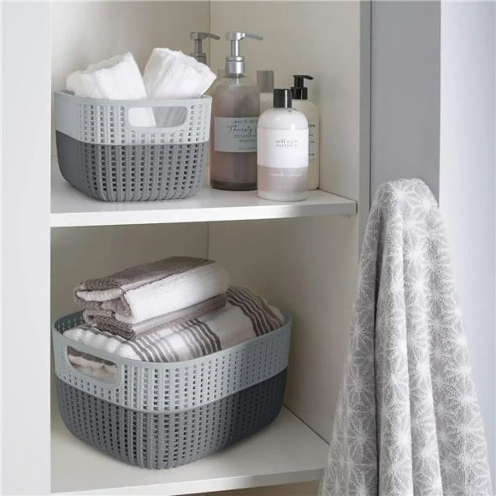 Plastic Storage Basket Bin Grey Medium Closet Bathroom Organizer with Handles